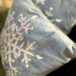 2 velvet and silver crystal 16” dusty blue Christmas pillows with silver piping